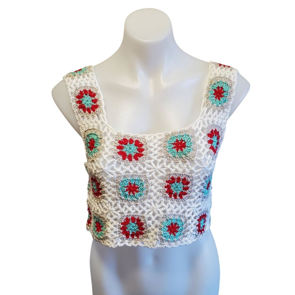 LE LIS White Granny Square Crochet Boho Festival Croped Top Small NWT